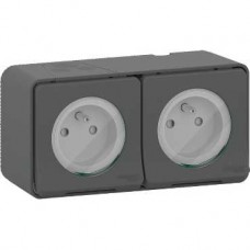 Double prise 2P+T précâblée horiz - saillie - IP55 - IK08 - gris