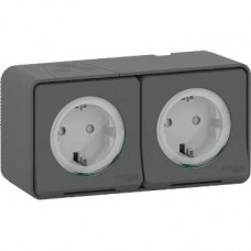 Double PC 2P+T schuko précâblée horiz - saillie - IP55 IK08 - gris
