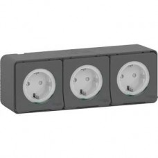 Triple PC 2P+T schuko horiz précâblées - saillie - IP55 - IK08 - gris