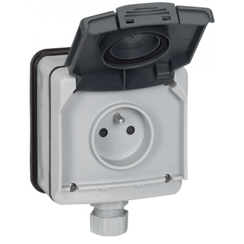 Prise électrique Legrand Plexo 66 - 2P+T 16A 250V, Volet Protection IP66 - Gris